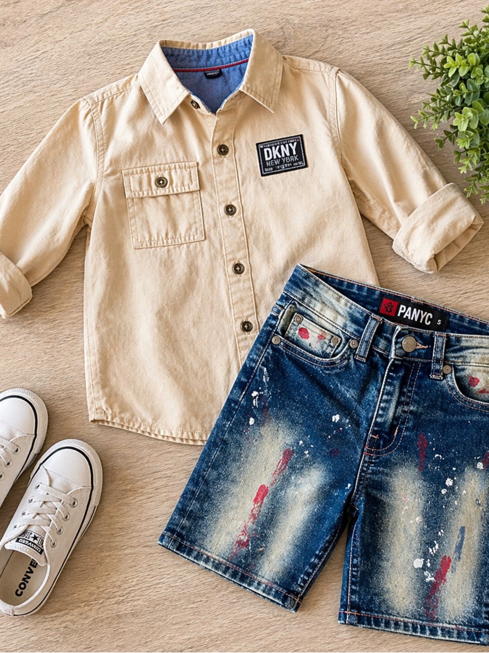 Adorable Boys Size 5 Outfit DKNY Button Down + PANYC Paint Splatter Denim Shorts